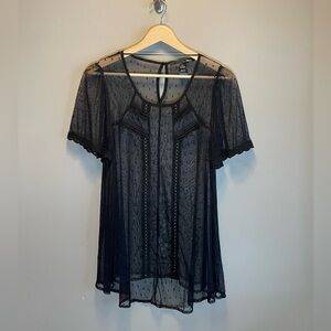 Ellison Sheer Black Swiss Dot Mesh Lace Short Sleeve Babydoll Top